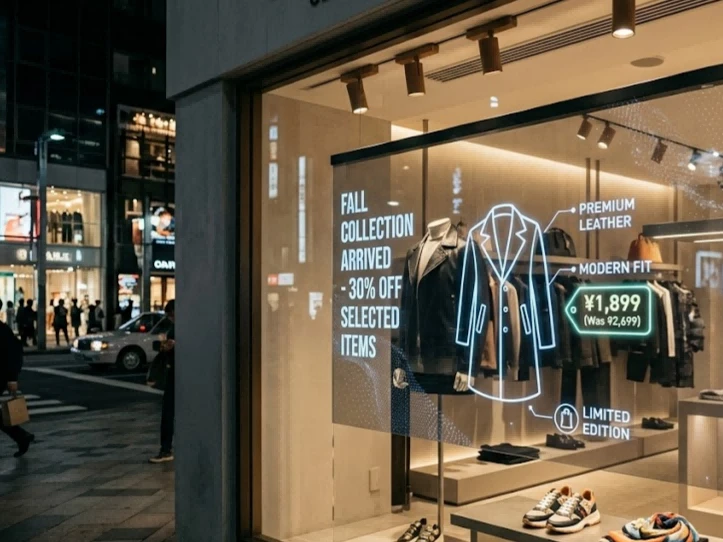 See through LCD screen display installed in a retail store storefront showing digital promotional content overlaid on physical merchandise under controlled lighting See through LCD screen display installed in a retail store storefront showing digital promotional content overlaid on physical merchandise under controlled lighting